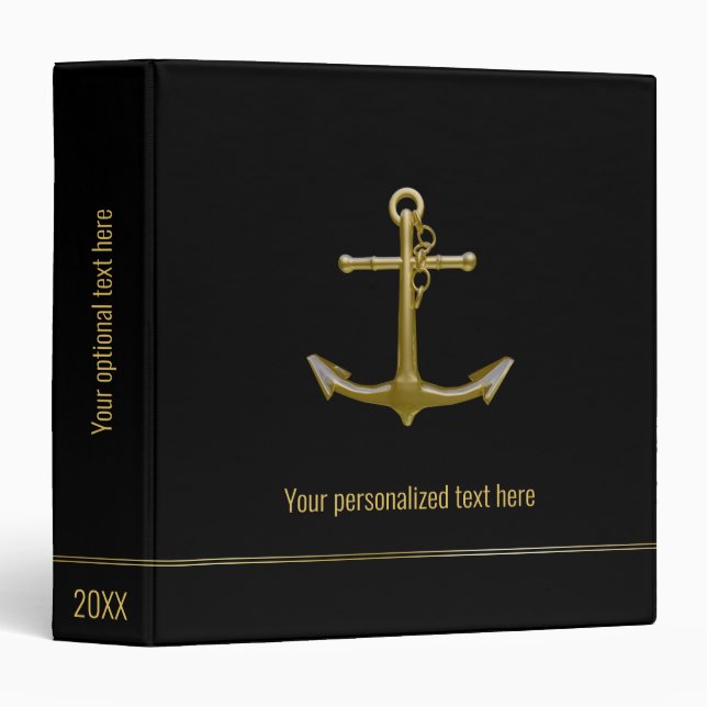 Classy Nautical Gold Anchor on Black Binder (Front/Spine)