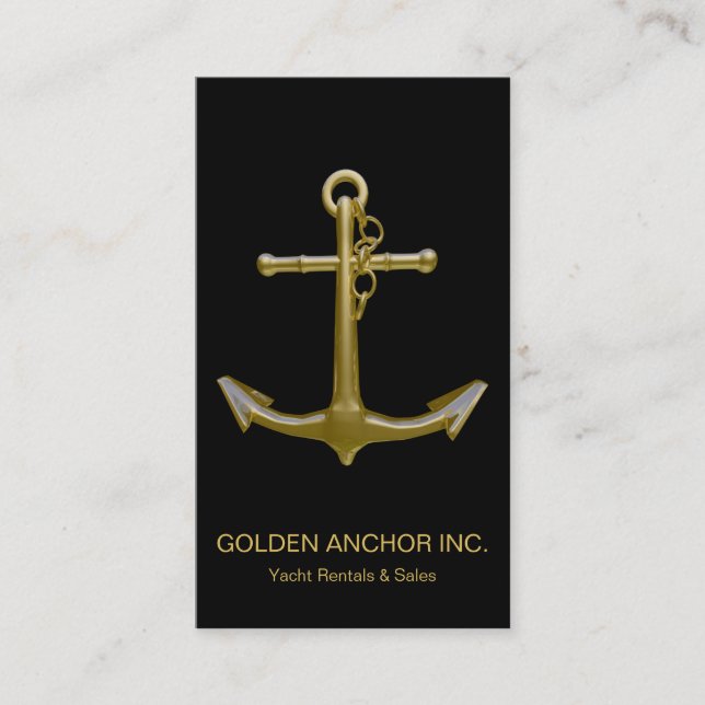 Classy Nautical Gold Anchor on Black Business Card (Front)