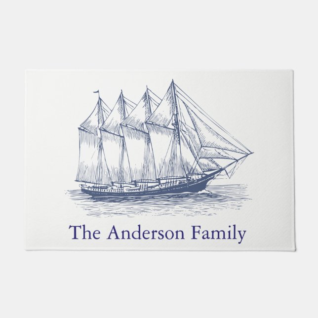 Classy Nautical Ship Schooner Family Name Doormat (Front)