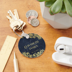 Classy Navy Blue And Gold Boho Swirls Wedding Keychain