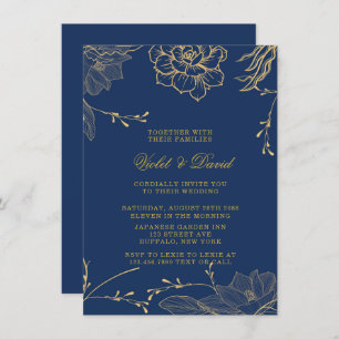 Classy Navy Blue and Gold Florals Wedding Invitati Invitation