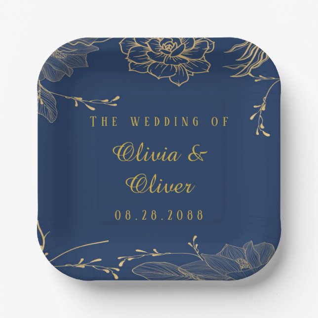 Classy Navy Blue Botanical Florals Wedding Paper Plate (Front)