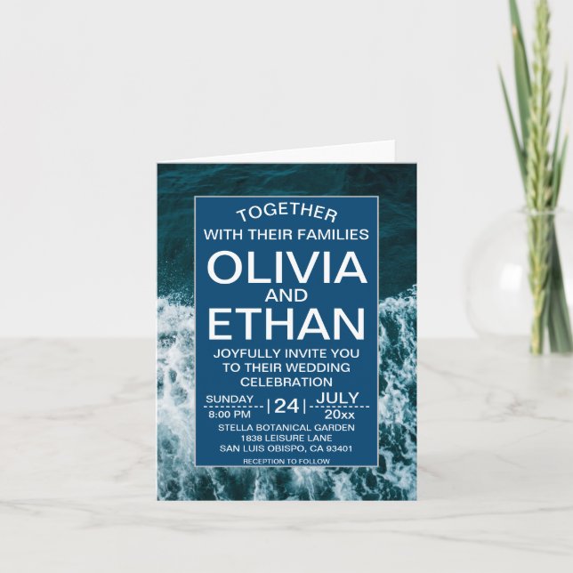 Classy navy blue coastal beach Wedding Invitation (Front)