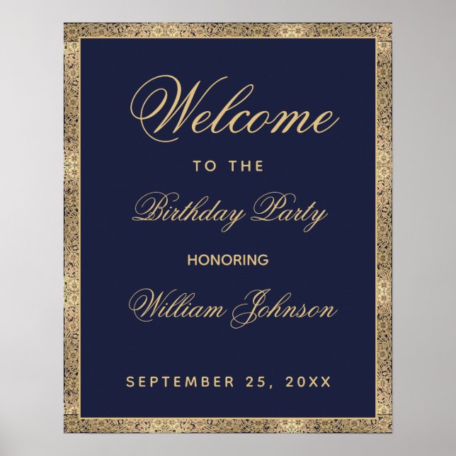 Classy Navy Blue Gold Affiche de bienvenue de fête (Devant)