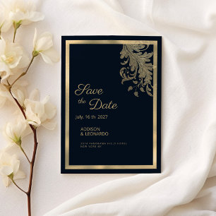 Classy navy blue gold floral lace Save the Date Invitation
