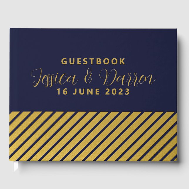 Classy Navy Blue Gold Foil Stripes Wedding  Guest Book (Front)