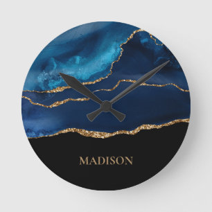 Classy Navy Blue Gold Glitter Black First Name Round Clock