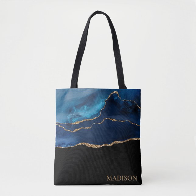 Classy Navy Blue Gold Glitter Black First Name Tote Bag (Front)