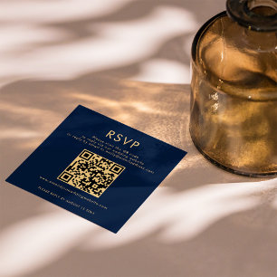 Classy Navy Blue Gold QR Code Wedding RSVP Enclosure Card