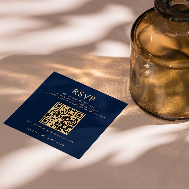 Classy Navy Blue Gold QR Code Wedding RSVP  Enclosure Card (Creator Uploaded)