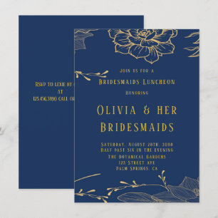 Classy Navy Blue Gold Rachel Bridesmaids Luncheon Invitation