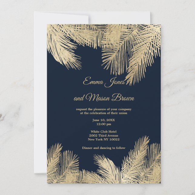 Classy navy blue gold tropical palm tree Wedding Invitation (Front)