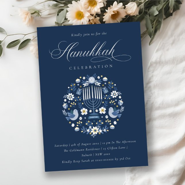 Classy Navy Blue Hanukkah Floral Party Invite (Creator Uploaded)