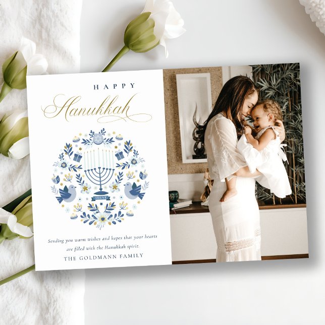 Classy Navy Blue Happy Hanukkah 1 Photo Floral Holiday Card (Creator Uploaded)