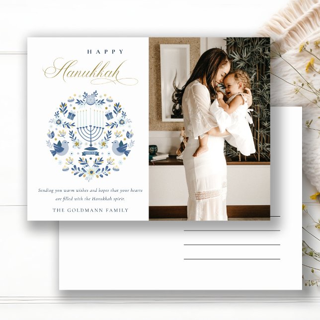 Classy Navy Blue Happy Hanukkah 1 Photo Floral Postcard (Creator Uploaded)