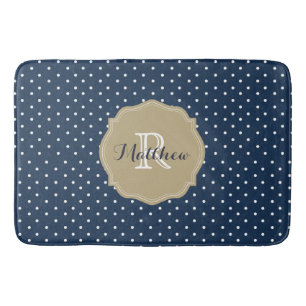 Classy Navy Blue Polka Dots and Coral Monogram Bath Mat