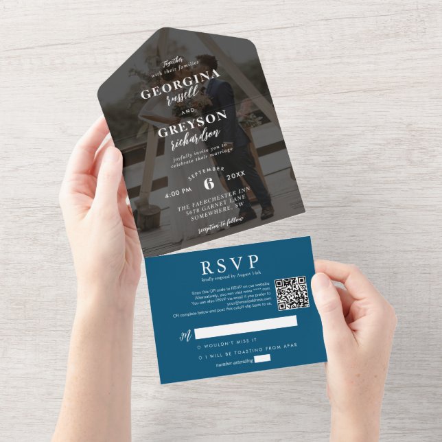 Classy Navy Blue RSVP Photo QR Code Wedding All In One Invitation (Tearaway)