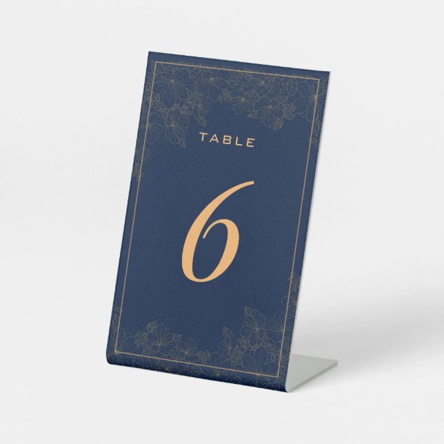 Classy Navy Blue Subtle Floral Table Number Pedestal Sign (Front)