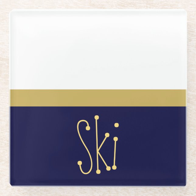 Classy Navy Blue White Colour Block Fun SKI Text Glass Coaster (Front)