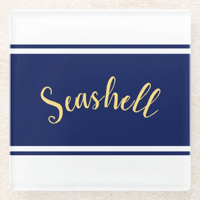 Classy Navy Blue White Stripes "Seashell" Script Glass Coaster (Front)