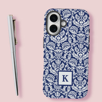 Classy Navy Damask Pattern Monogram Tote Bag iPhone 16 Case
