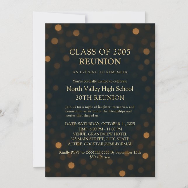 Classy Navy Gold 20th Class Reunion Invitation (Devant)
