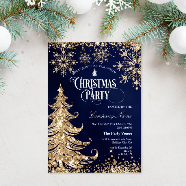 Classy Navy Gold Glitter Corporate Christmas Party Invitation (elegant christmas party invitation with gold glitter christmas tree on the navy background)