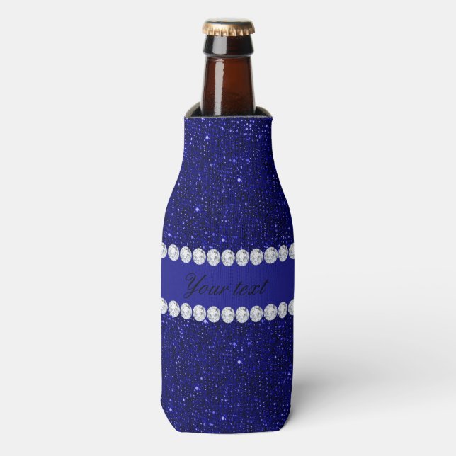 Classy Navy Sequins and Diamonds Personalized Bottle Cooler (Bottle Front)