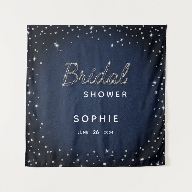Classy Navy Sparkle Glitter Bridal Shower Backdrop Tapestry (Front)