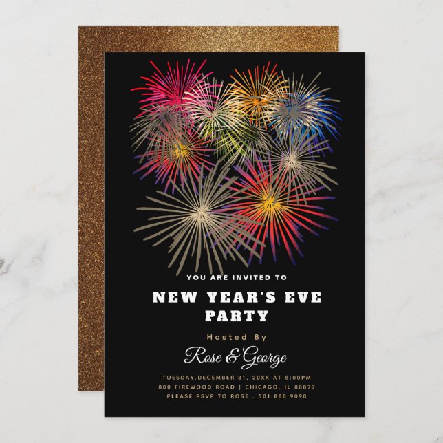 Classy New Year's Eve Party 20XX Golden Fireworks  Invitation (Front/Back)