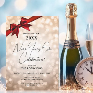 Classy New Years Eve Party Copper Bokeh Red Bow Invitation