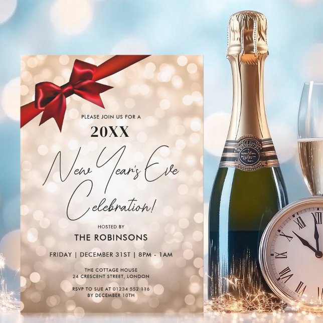 Classy New Years Eve Party Copper Bokeh Red Bow Invitation (Classy New Years Eve Party Copper Bokeh Red Bow Invitation)