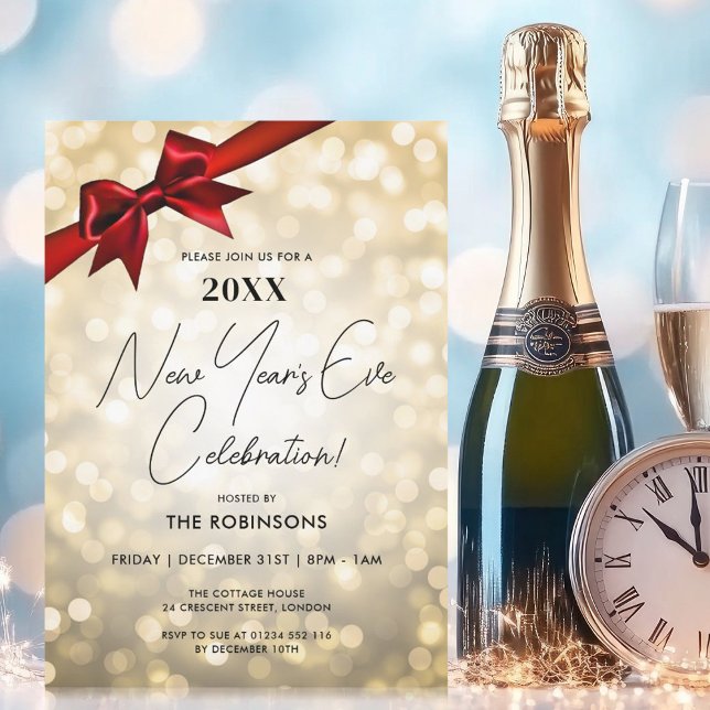 Classy New Years Eve Party Gold Bokeh Red Bow Invitation (MODERN New Years Eve Party Green Bokeh Gold Bow Invitation)