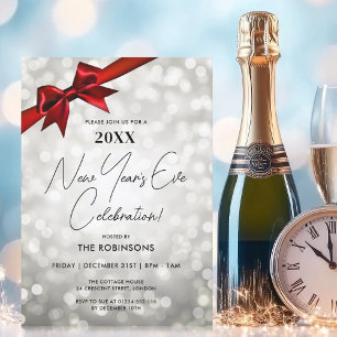Classy New Years Eve Party Silver Bokeh Red Bow Invitation