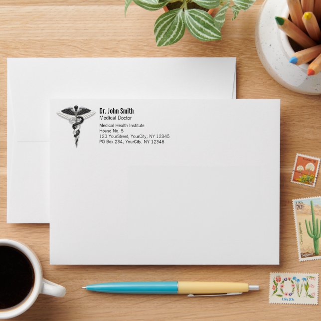 Classy Noble Elegant Medical Black White Caduceus Envelope (Desk)