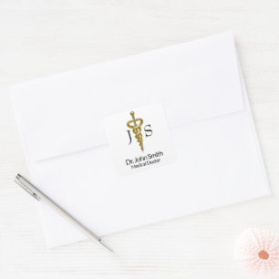 Classy Noble Elegant Medical Gold Silver Asclepius Square Sticker
