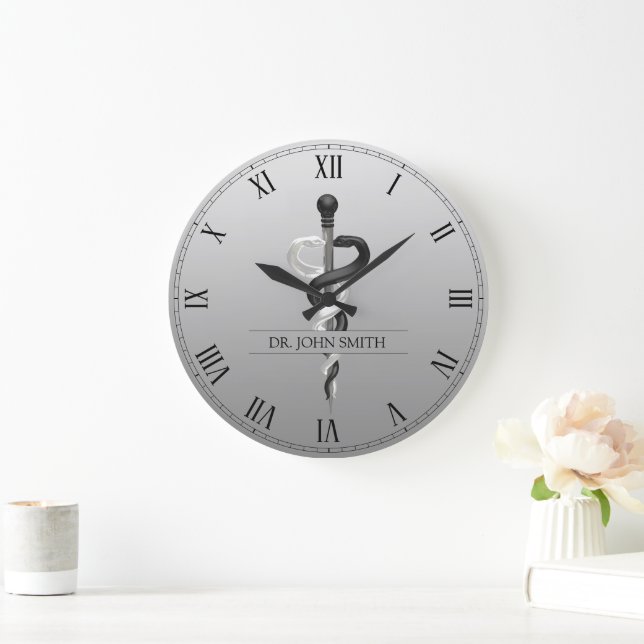 Classy Noble Medical Asclepius Elegant Black White Large Clock (Home)