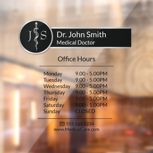 Classy Noble Medical Asclepius Rod Opening Hours Window Cling (Sheet 2)