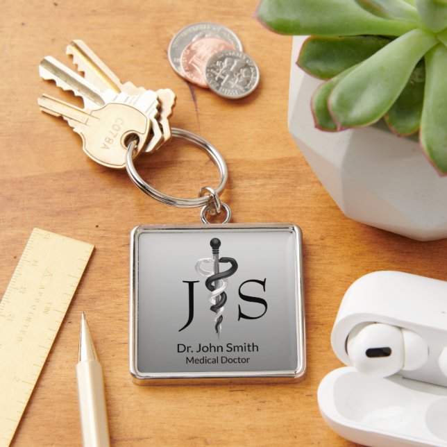Classy Noble Medical Elegant Black White Asclepius Keychain (Desk)