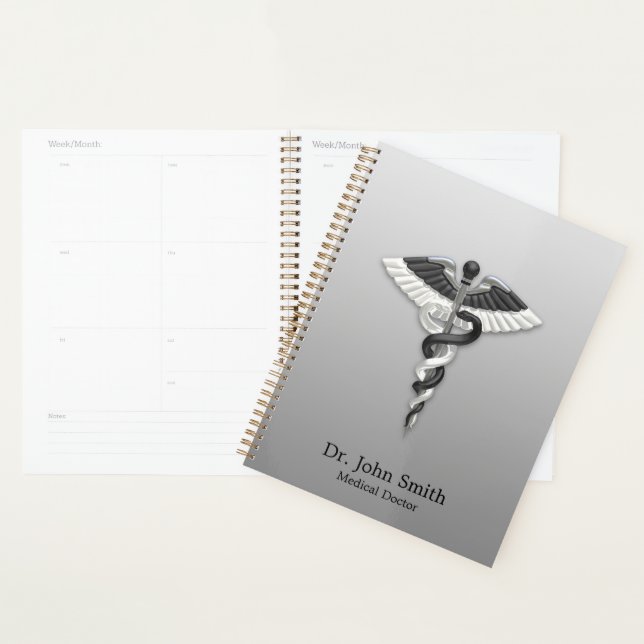 Classy Noble Medical Elegant Black White Caduceus Planner (Display)