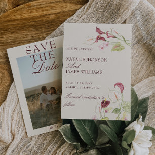 Classy Nouveau Art Watercolor Floral Photo Wedding Save The Date