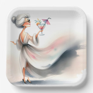 Classy Older Woman With Party Drink Paper Plate