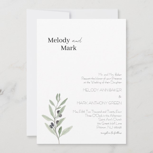 Classy Olive Branch Wedding Invitation (Front)