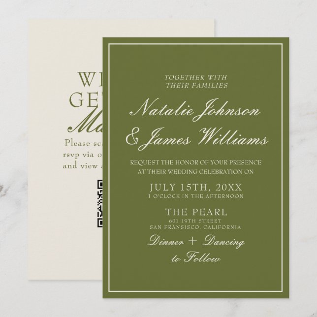 Classy Olive Green Old Money QR Code Wedding Invitation (Front/Back)