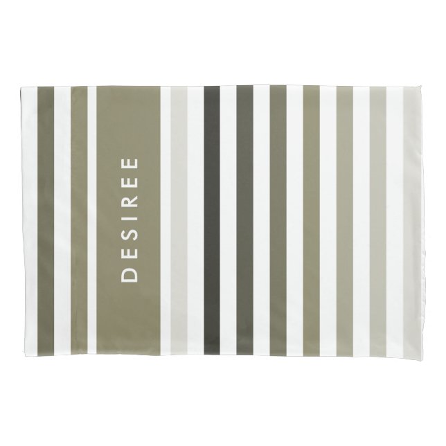 Classy Ombre Stripes With Name in Olive Green Pillowcase (Front)