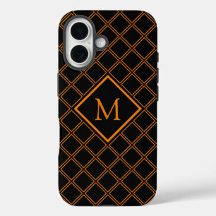 Classy Orange and Black Diamond Pattern Monogram iPhone 16 Case