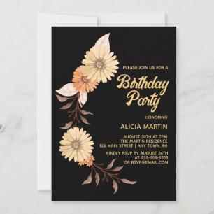 Classy Orange Flower Botanical Gold Black Birthday Invitation