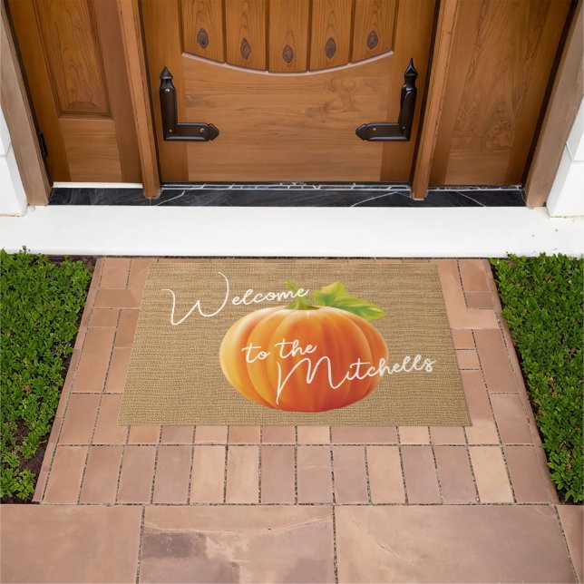 Classy Orange Pumpkin On Faux Jute Burlap Welcome Doormat (Outdoor)