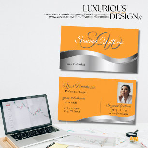 Classy Orange Wavy Silver Decor Initials and Photo Business Card