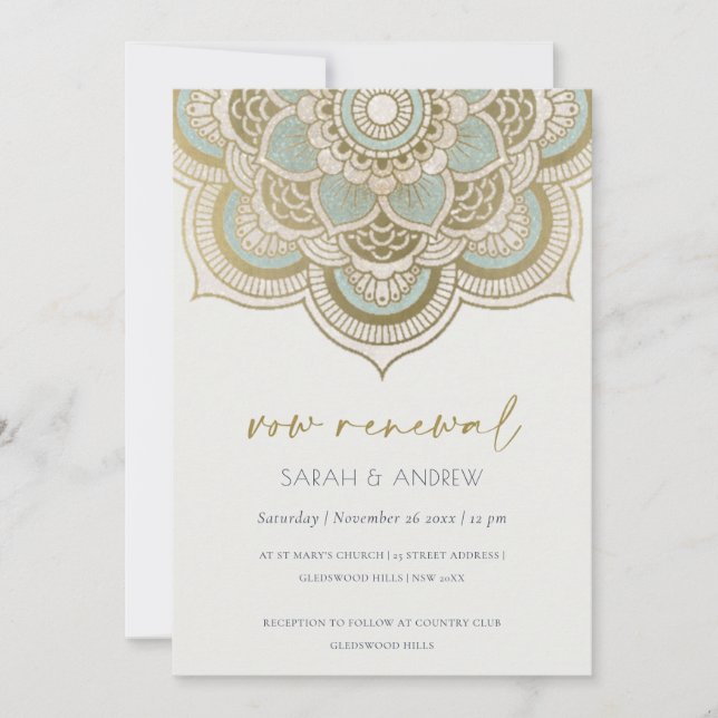 Classy Ornate Gold Teal Mandala Vow Renewal Invite (Front)